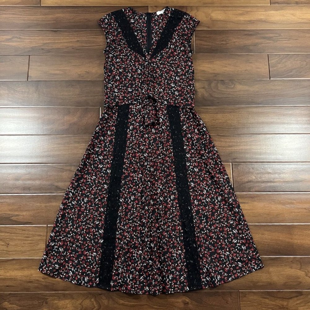 Thakoon Women's Size 2 Black Red Floral Midi Dress‎